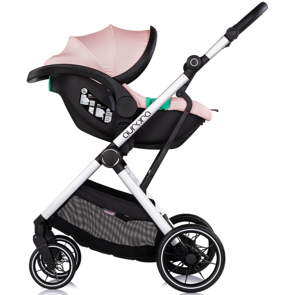 Cărucior 3 in 1 Chipolino Aurora, 0-4 ani, 22 kg, landou, parte sport reversibila, scaun auto i Size, pliabil culoare powder pink