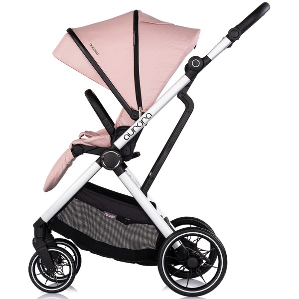 Cărucior 3 in 1 Chipolino Aurora, 0-4 ani, 22 kg, landou, parte sport reversibila, scaun auto i Size, pliabil culoare powder pink