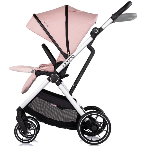 Cărucior 3 in 1 Chipolino Aurora, 0-4 ani, 22 kg, landou, parte sport reversibila, scaun auto i Size, pliabil culoare powder pink