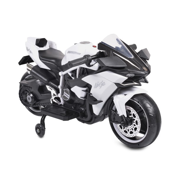 Motocicletă Electrică pentru Copii Moni Ninja Duo White 12V 7Ah, 3-8 Ani, Lumini LED, MP3, Reglare Viteză din Mâner