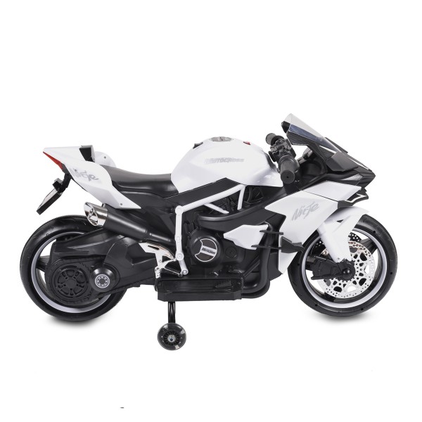 Motocicletă Electrică pentru Copii Moni Ninja Duo White 12V 7Ah, 3-8 Ani, Lumini LED, MP3, Reglare Viteză din Mâner