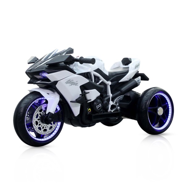 Motocicletă Electrică pentru Copii Moni Ninja White 12V 7Ah, 3-8 Ani, Lumini LED, MP3, Viteză 7 km/h, Roți Luminoase