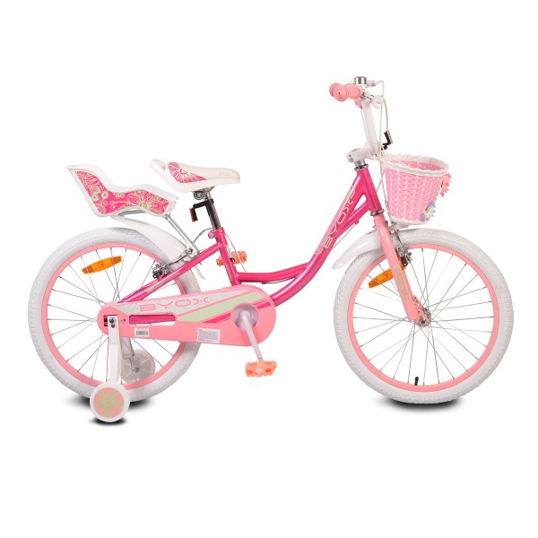 Bicicletă 20 Inch pentru Fetite 6–9 Ani – Byox Fashion Girl Roz Cu Coș, Roți Ajutătoare și Sonerie