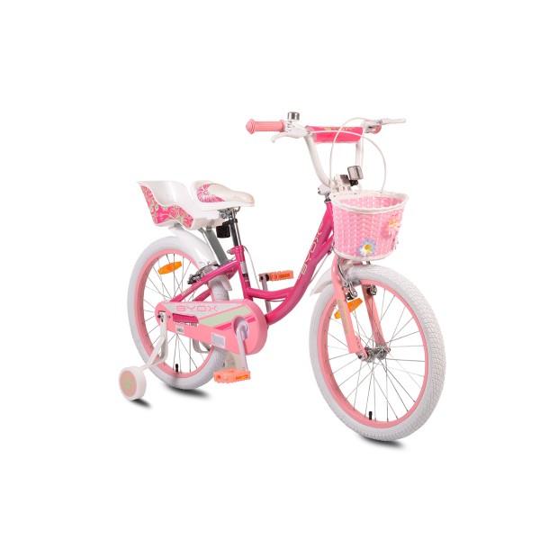 Bicicletă 20 Inch pentru Fetite 6–9 Ani – Byox Fashion Girl Roz Cu Coș, Roți Ajutătoare și Sonerie