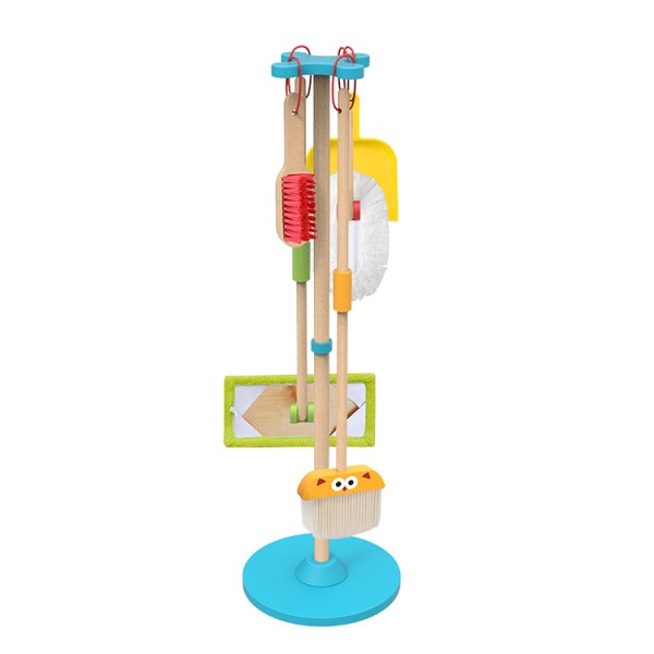 Set de curatenie pentru copii din lemn, Tooky Toy, Varsta 3 ani+, 7 piese, matura, mop, perie si suport
