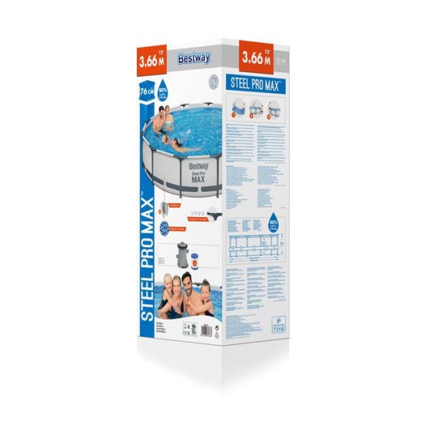 Piscina cu Pompa de Filtrare si Filtru Bestway Steel Pro, Cadru Metalic, Dimensiune 3.66m x 76cm Piscina cu Pompa de Filtrare si Filtru Bestway Steel Pro, Cadru Metalic, Dimensiune 3.66m x 76cm