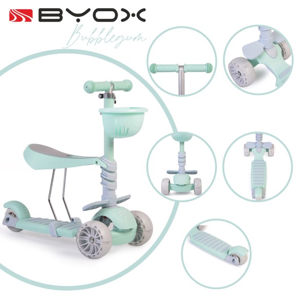 Trotinetă copii cu scaun Moni Bubblegum Green, roți LED, reglabilă, frână spate, 3+ ani, 40 kg