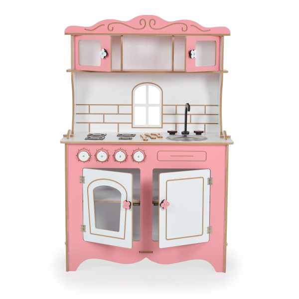 Bucătărie de Joacă din Lemn Moni Toys Rosey, Plită, Cuptor, Chiuvetă, Dulapuri cu Uși, Ustensile Incluse, 3 Ani+