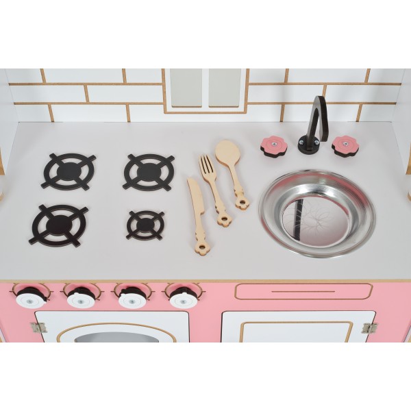 Bucătărie de Joacă din Lemn Moni Toys Rosey, Plită, Cuptor, Chiuvetă, Dulapuri cu Uși, Ustensile Incluse, 3 Ani+
