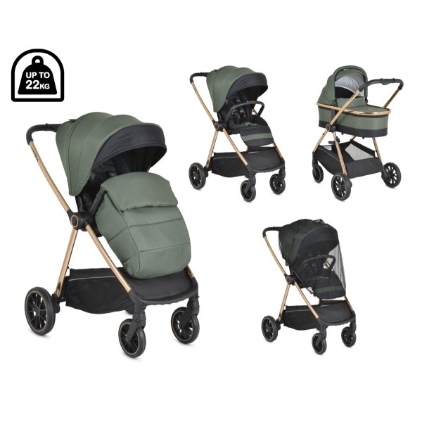 Cărucior 2în1 Cangaroo Hydra Green, Aluminiu, Coșuleț Nou-Născut, Ham 5 Puncte, Adaptor Maxi-Cosi, 0-4 Ani