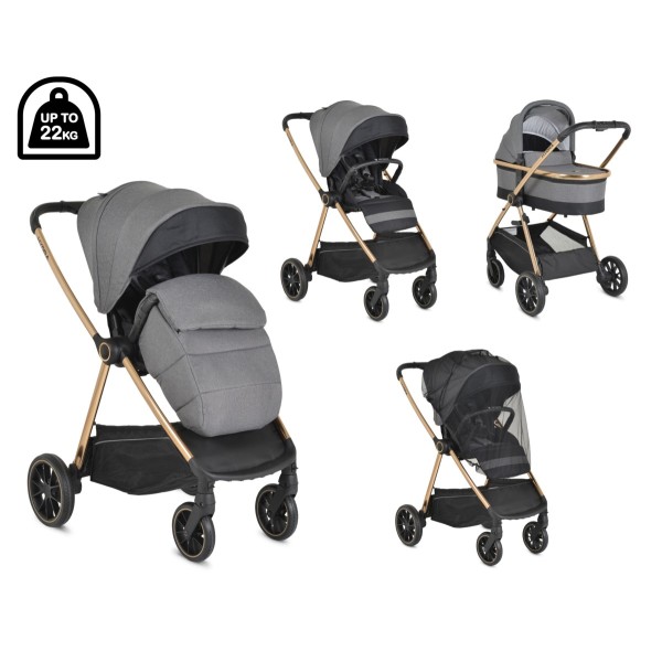 Cărucior 2în1 Cangaroo Hydra Grey, Aluminiu, Coșuleț Nou-Născut, Ham 5 Puncte, Adaptor Maxi-Cosi, 0-4 Ani