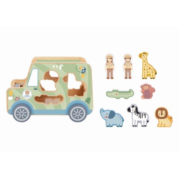 Jucarie copii din lemn pentru dezvoltarea motricitatii, Tooky Toy Jeep animale, varsta recomandata 18 luni +