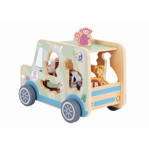 Jucarie copii din lemn pentru dezvoltarea motricitatii, Tooky Toy Jeep animale, varsta recomandata 18 luni +