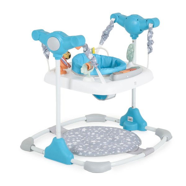 Saritor Moni Hop Blue pentru copii, 6 luni+, 12 kg, scaun rotativ 360°, 3 niveluri inaltime, jucarii interactive, muzical