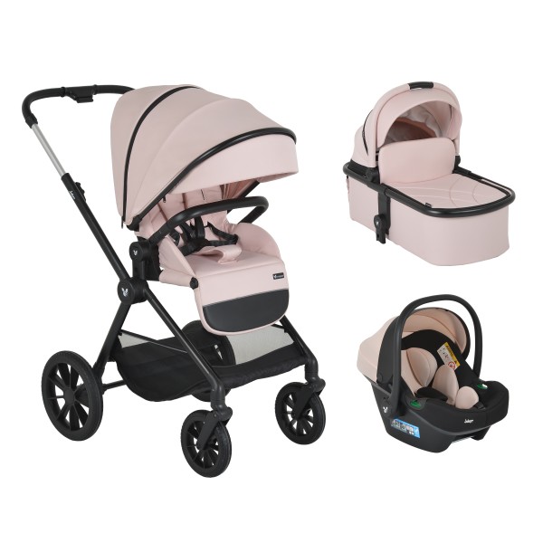 Cărucior 3in1 Cangaroo Joker Rose, Cadru Aluminiu, Scaun Auto i-SIZE Inclus, Pliere Semiautomată, Copertină UV50+, 0-4 Ani