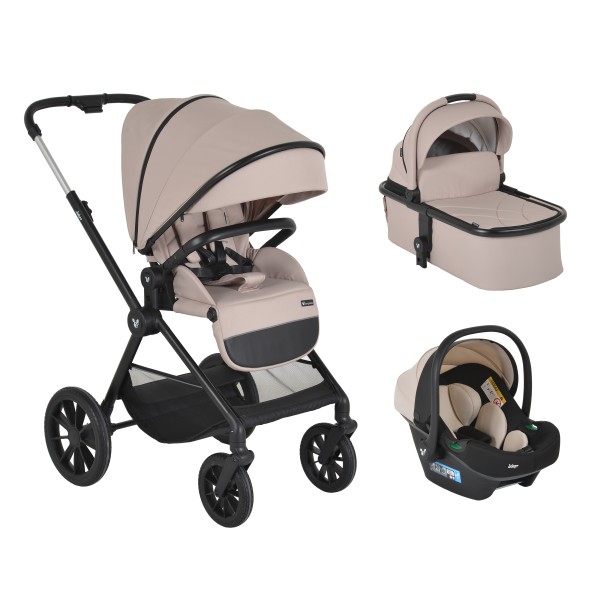 Cărucior 3in1 Cangaroo Joker Beige, Cadru Aluminiu, Scaun Auto i-SIZE Inclus, Pliere Semiautomată, Copertină UV50+, 0-4 Ani