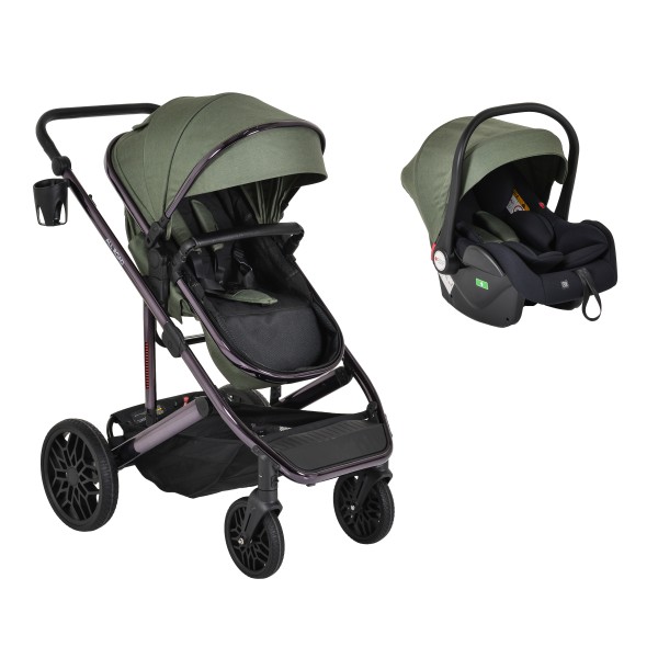 Cărucior Combinat Moni All Road 2 în 1 Dark Green cu Scaun Auto i-Size Inclus, Cadru Aluminiu, Scaun Reversibil, 0-4 Ani