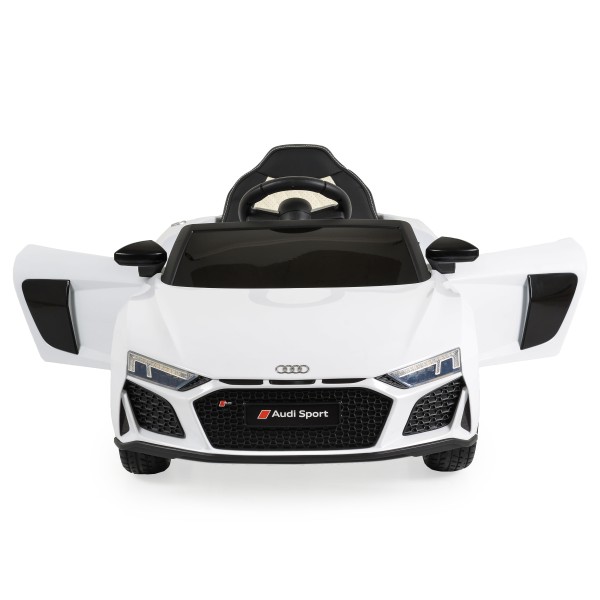 Mașinuță Electrică Copii 3–8 Ani Audi R8 Spyder White – 2 Motoare, Baterie 12V, Telecomandă, Bluetooth, Uși Funcționale, Faruri LED