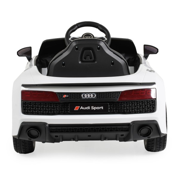 Mașinuță Electrică Copii 3–8 Ani Audi R8 Spyder White – 2 Motoare, Baterie 12V, Telecomandă, Bluetooth, Uși Funcționale, Faruri LED