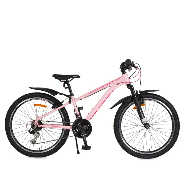 Bicicleta copii Byox Whizzy Pink 24 inch, 8-12 ani, 21 viteze Shimano, suspensie fata, frane aluminiu