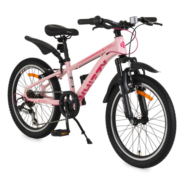 Bicicleta copii Byox Whizzy Pink 24 inch, 8-12 ani, 21 viteze Shimano, suspensie fata, frane aluminiu