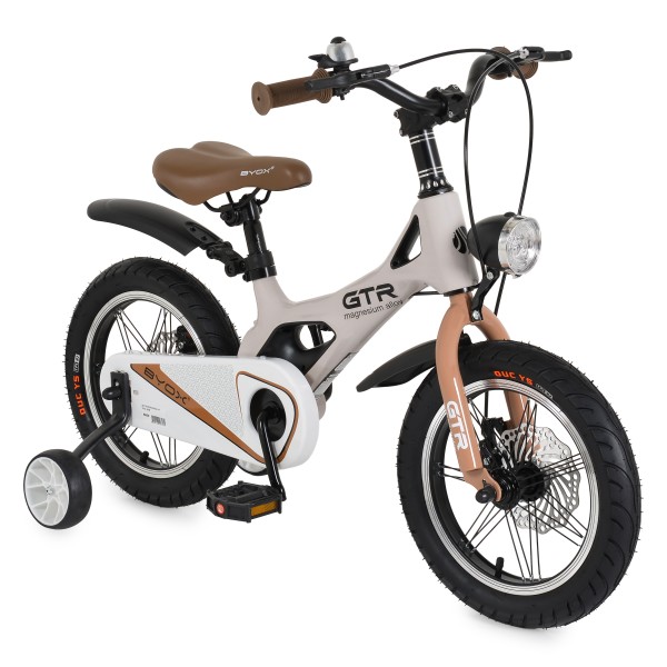 Bicicleta copii Byox GTR Beige 14 inch, 3-5 ani, cadru magneziu, frane disc, roti ajutatoare, far LED