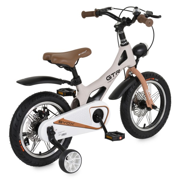 Bicicleta copii Byox GTR Beige 14 inch, 3-5 ani, cadru magneziu, frane disc, roti ajutatoare, far LED