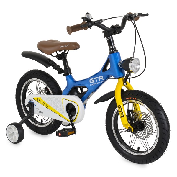 Bicicleta copii Byox GTR Blue 14 inch, 3-5 ani, cadru magneziu, frane disc, roti ajutatoare, far LED