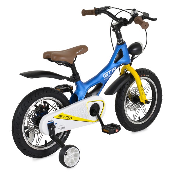 Bicicleta copii Byox GTR Blue 14 inch, 3-5 ani, cadru magneziu, frane disc, roti ajutatoare, far LED