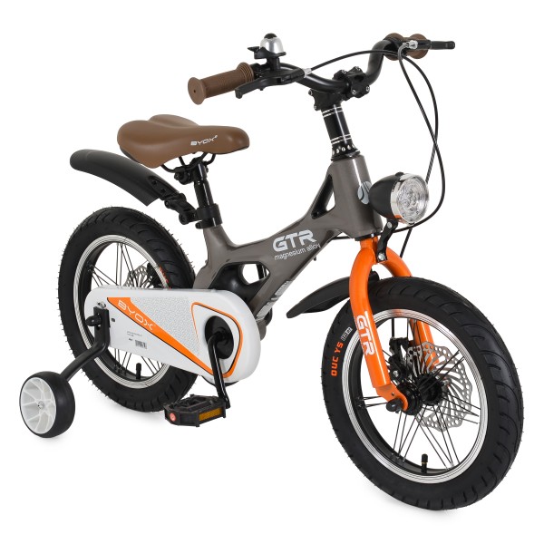 Bicicleta copii Byox GTR Grey 14 inch, 3-5 ani, cadru magneziu, frane disc, roti ajutatoare, far LED