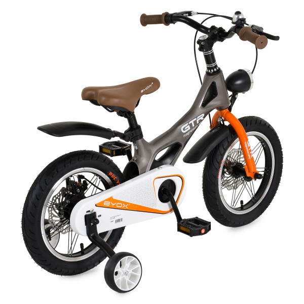 Bicicleta copii Byox GTR Grey 14 inch, 3-5 ani, cadru magneziu, frane disc, roti ajutatoare, far LED