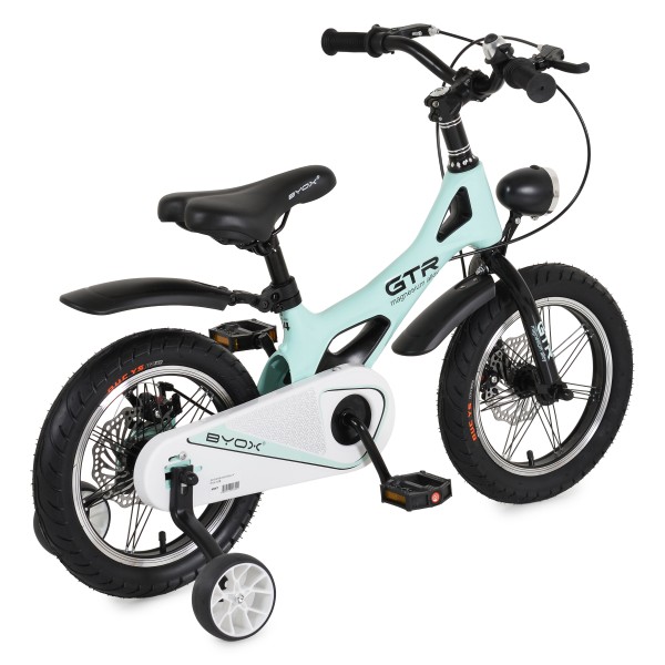Bicicleta copii Byox GTR Mint 14 inch, 3-5 ani, cadru magneziu, frane disc, roti ajutatoare, far LED