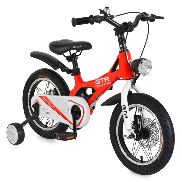 Bicicleta copii Byox GTR Red 14 inch, 3-5 ani, cadru magneziu, frane disc, roti ajutatoare, far LED
