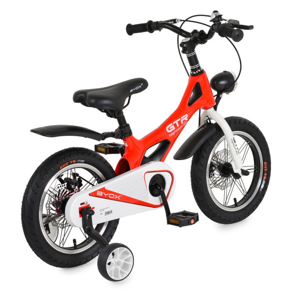 Bicicleta copii Byox GTR Red 14 inch, 3-5 ani, cadru magneziu, frane disc, roti ajutatoare, far LED