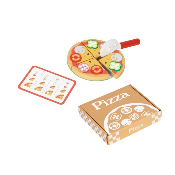 Set Pizza din Lemn Hi Pando, Joc de Rol, 4 Felii Velcro, Legume + Cuțit + Meniu Incluse, 3 Ani+