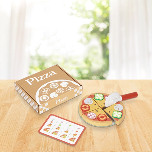 Set Pizza din Lemn Hi Pando, Joc de Rol, 4 Felii Velcro, Legume + Cuțit + Meniu Incluse, 3 Ani+