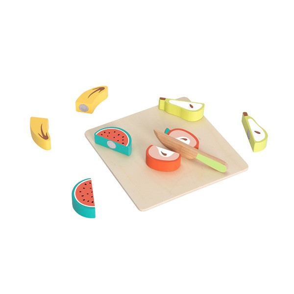 Set Tăiat Fructe din Lemn Hi Pando, 4 Fructe cu Velcro, Tocător + Cuțit, 10 Piese, 12 Luni+
