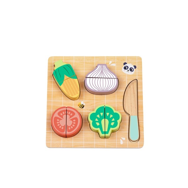 Set Tăiat Legume din Lemn Hi Pando, 4 Legume cu Velcro, Tocător + Cuțit, 10 Piese, 12 Luni+