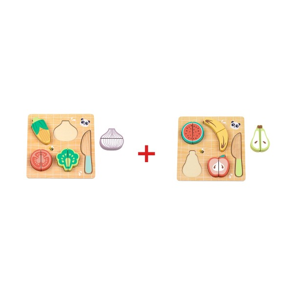 Pachet Set Tăiat Fructe + Set Tăiat Legume din Lemn Hi Pando, 20 Piese, Velcro, 12 Luni+