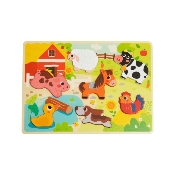 Puzzle 3D din Lemn Tooky Toy, Animale de Fermă, Figurine Colorate, 12 Luni+