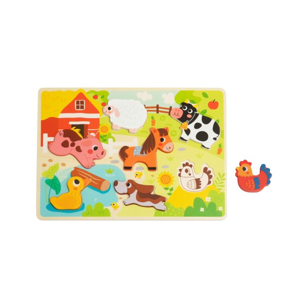 Puzzle 3D din Lemn Tooky Toy, Animale de Fermă, Figurine Colorate, 12 Luni+