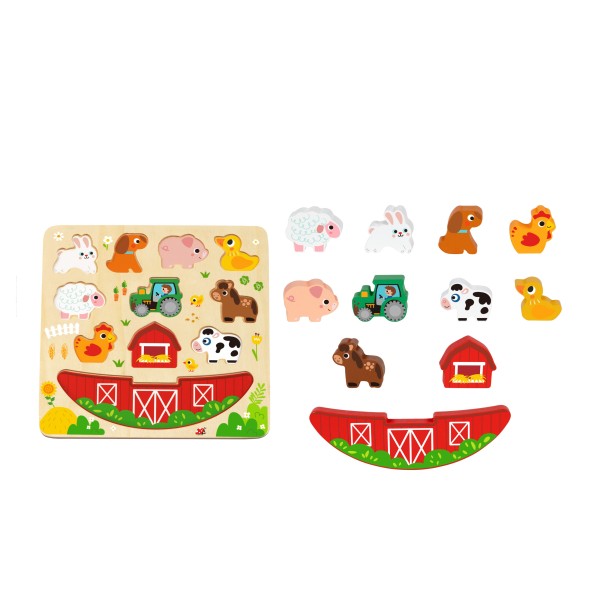 Joc Puzzle și Echilibru 2în1 din Lemn Hi Pando, Fermă cu Animale, Tractor și Hambar, 3 Ani+