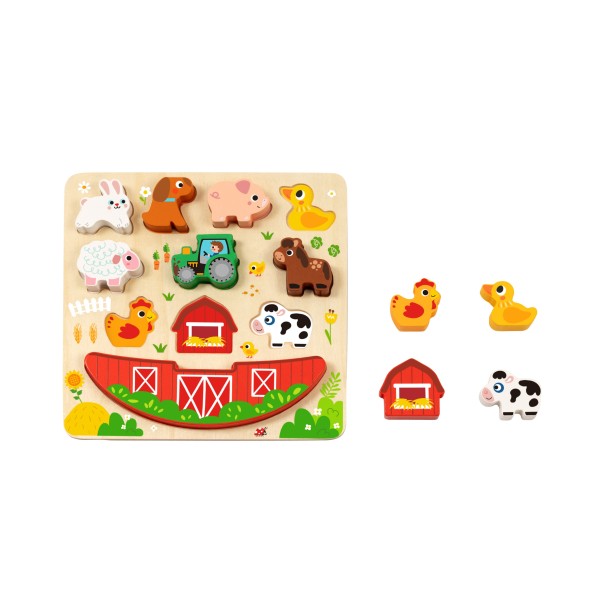 Joc Puzzle și Echilibru 2în1 din Lemn Hi Pando, Fermă cu Animale, Tractor și Hambar, 3 Ani+