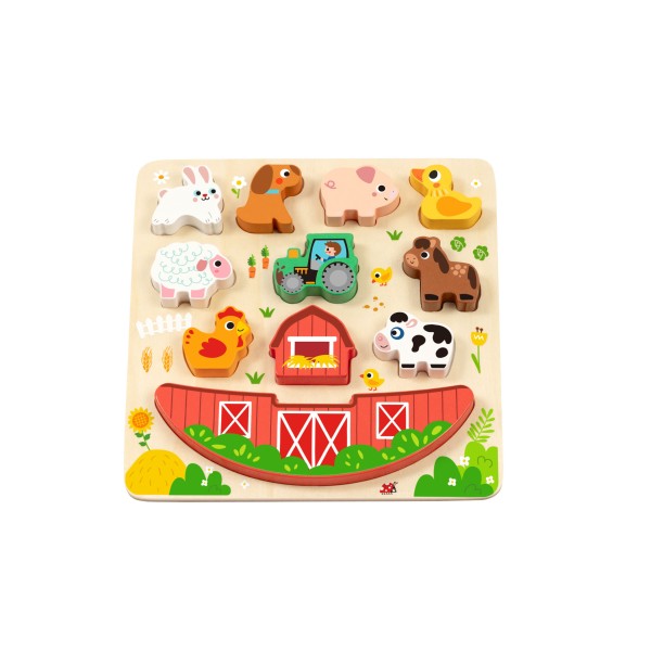 Joc Puzzle și Echilibru 2în1 din Lemn Hi Pando, Fermă cu Animale, Tractor și Hambar, 3 Ani+