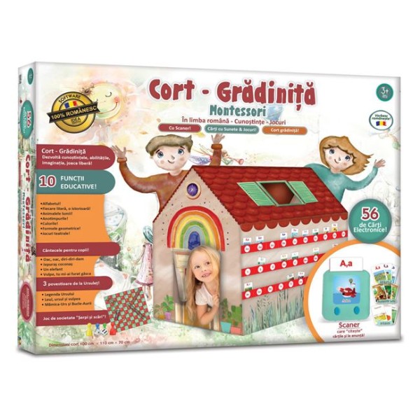 Cort de joaca, Gradinita Montessori,Functii Educative 10,Cantece si Povesti,scaner cu 56 carti electronice 100 x 110 x 70 cm,Varsta 3+