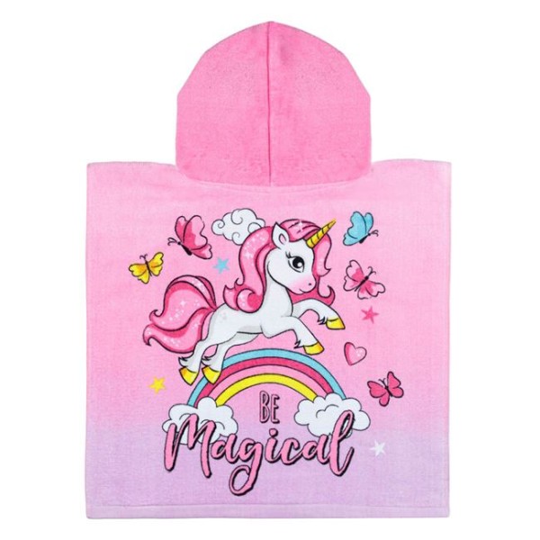 Prosop Poncho de Plaja cu Gluga pentru Copii, Bumbac Roz Unicorn 50x100cm