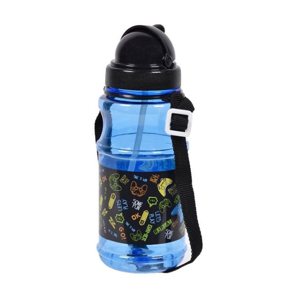 Sticla Apa din Plastic pentru Copii, Pop Up cu pai, Albastru cu Gaming 500ml