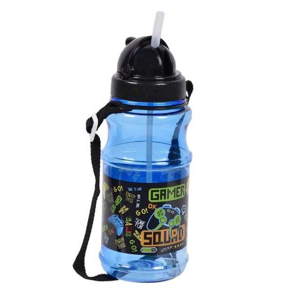 Sticla Apa din Plastic pentru Copii, Pop Up cu pai, Albastru cu Gaming 500ml