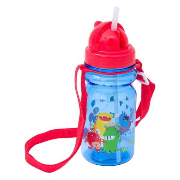 Sticla Apa din Plastic pentru Copii, Pop Up cu pai, Albastru cu Rosu,  Monstri, 7x18cm, 350ml