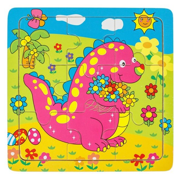 Puzzle din Lemn, Dinozaur 9 Piese, Multicolor, 14.5x14.5cm, Varsta 3+ Ani